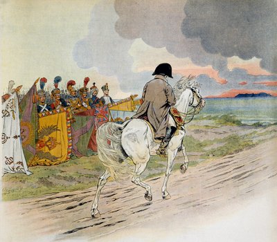Napoleon die te paard voor zijn troepen passeert wanneer hij in ballingschap vertrekt naar het eiland Elba door pseudonym for Onfray de Breville Jacques Job