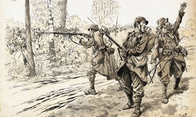 Schiet op hen! Franse soldaten van de oorlog 1914-1918 op patrouille om de sterkte en exacte locatie van de vijand te herkennen. Nadat ze de Duitse troepen hadden gevonden, gaven ze het bevel om te vuren zonder zich zorgen te maken over het gevangen worden door pseudonym for Onfray de Breville Jacques Job