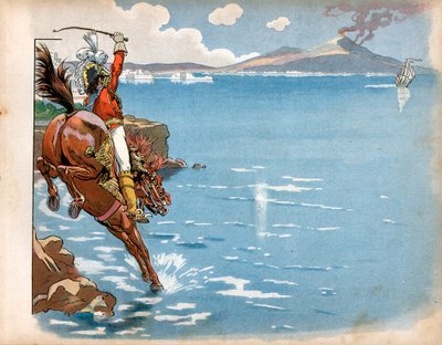 Joachim Murat, koning van Napels, zag een Engelse fregat en reed met zijn paard het water in en viel aan. Gravure door Jacques Marie Gaston Onfray de Breville door pseudonym for Onfray de Breville Jacques Job