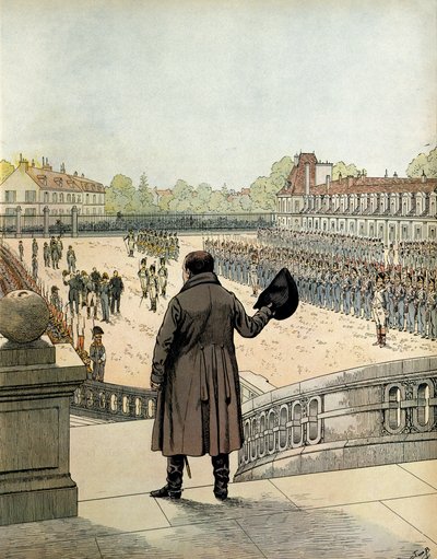 Het afscheid van Napoleon I Bonaparte (1769-1821) op de binnenplaats van het Cheval Blanc in Fontainebleau op 20 april door pseudonym for Onfray de Breville Jacques Job