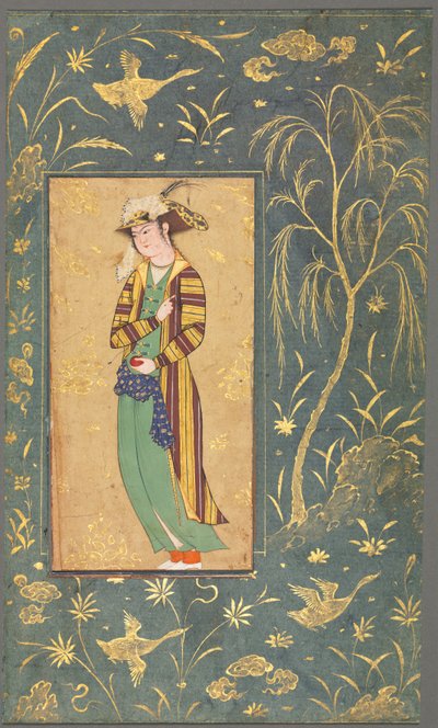 Jongere met een granaatappel; Illustratie van een enkelbladig manuscript door style of Riza yi Abbasi