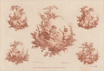 Singerie met Vier Vignetten van Jachthonden door the Elder and Jean Baptiste Hüet Gilles Demarteau