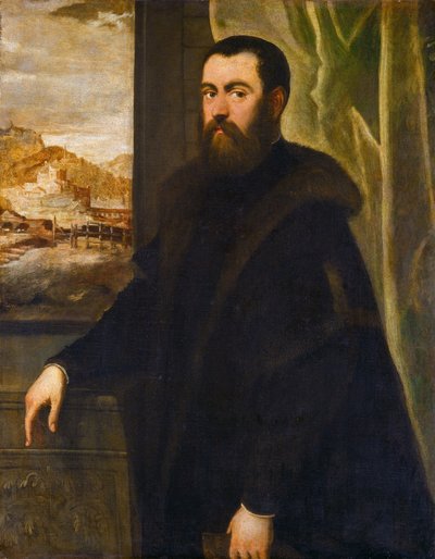 Portret van een man met uitzicht op landschap door with landscape by Maarten de Vos Jacopo Tintoretto