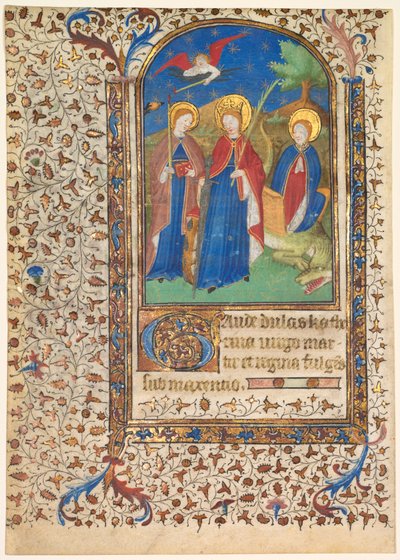 Blad uit een Getijdenboek: St. Geneviève, Catharina van Alexandrië en Margaretha (recto) door workshop of Boucicaut Master