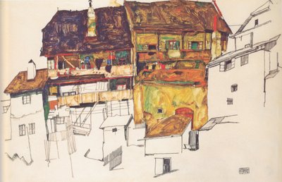 Oude huizen in Krumlov door Egon Schiele