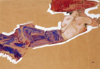 Liggend semi-naakt met rode hoed, 1910 door Egon Schiele