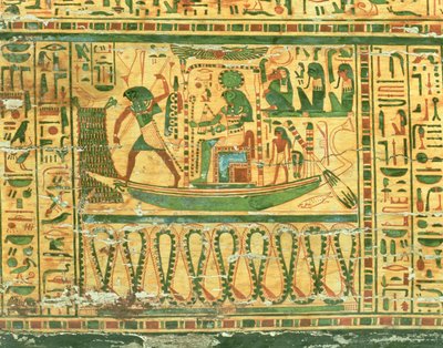 De reis van de Zonnegod Re, detail van de binnenkist van Nespawershefyt, Egyptische, Derde Tussenperiode, 990-969 v.Chr. (Gestuukt en geverfd hout) (zie ook 76535) door Egyptian 21st Dynasty