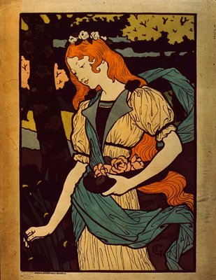Vrouw bloemen plukken, 1917 door Eugene Grasset