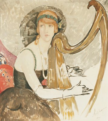 Een dame die op een harp speelt door Gerda Marie Frederike Wegener