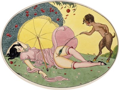 A Satyr and a Young Girl, ca.1917 (zwarte inkt en aquarel op een ovale kaart, ingelijst) door Gerda Marie Frederike Wegener