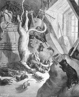 The Cat and the Old Rat, illustratie uit &39;Fables&39; van La Fontaine, 1868 door Gustave Dore