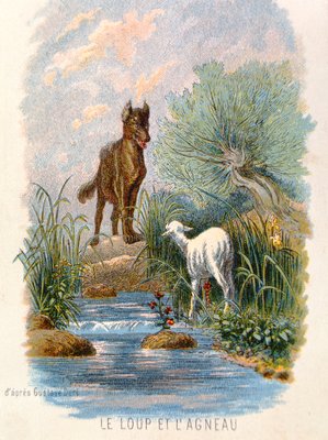 &39;The Wolf and the Lamb&39;, illustratie van &39;Fables&39; van La Fontaine. 1868 door Gustave Dore