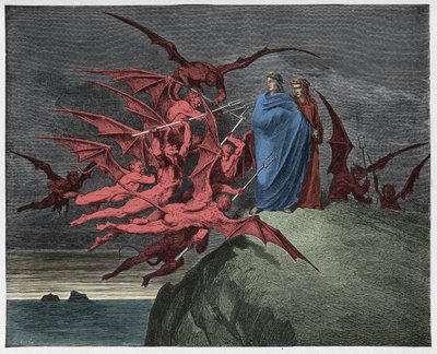 Inferno, Canto 21: De demonen bedreigen Virgil, illustratie uit "The Divine Comedy" van Dante Alighieri, 1885 door Gustave Dore