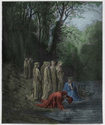 Purgatorio, Canto 33: Dante-drankjes van de rivier de Eunoe, illustratie uit "The Divine Comedy" van Dante Alighieri, 1885 door Gustave Dore
