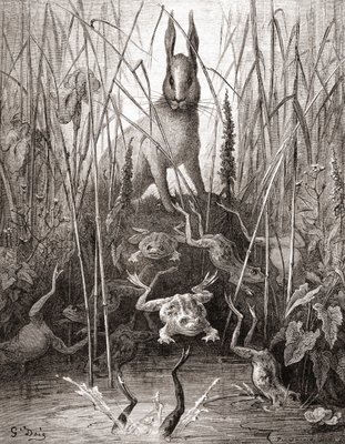 The Hare and The Frogs, uit een uitgave uit de late 19de eeuw van Fables de La Fontaine (houtgravure) door Gustave Dore