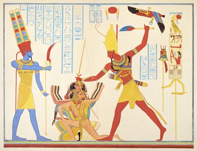 De God Amun biedt een sikkelwapen aan de farao Ramses III terwijl hij twee gevangen genomen vijanden slaat, 1835-45 door Jean Francois Champollion