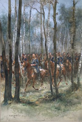 Soldaten te paard, 1884 (wc, zwarte inkt & bodycolour op papier door Jean Baptiste Edouard Detaille