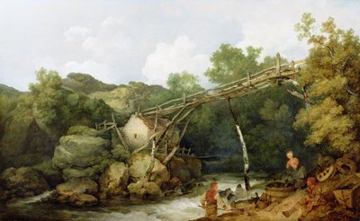 A View near Matlock, Derbyshire with Figures Working under a Wooden Conveyor, 1785 door Philippe Jacques de Loutherbourg