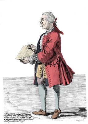 Spotprent van Giovanni Battista Pergolesi (Jean Baptiste Pergolese,  Jean-Baptiste) (1710 - 1736). Tekening van Pier Leone Ghezzi (1674 - 1755)  die meldt dat de componist een handicap aan één been had en kreupel was.  1736.
