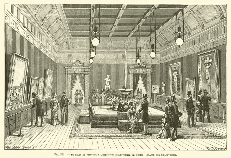 De schilderijensalon op de Elektriciteitstentoonstelling van München, verlicht door elektriciteit door French School