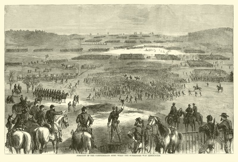 Positie van het Geconfedereerde Leger toen de overgave werd aangekondigd, april 1865 (gravure) door (after) American School