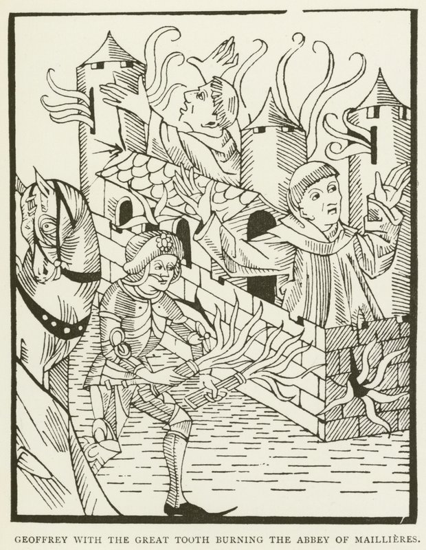 Geoffrey met de grote tand die de abdij van Maillieres verbrandt (gravure) door (after) English School