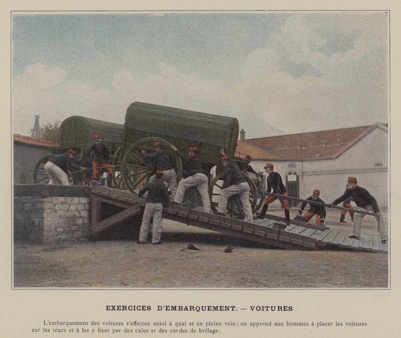 Oefeningen voor inscheping, voertuigen door (after) French Photographer