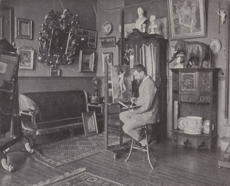 Franse schilder Henri Gervex in zijn atelier (zwart-wit foto) door (after) French Photographer