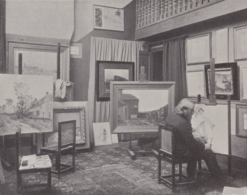 Franse schilder Jean Charles Cazin in zijn atelier (zwart-wit foto) door (after) French Photographer