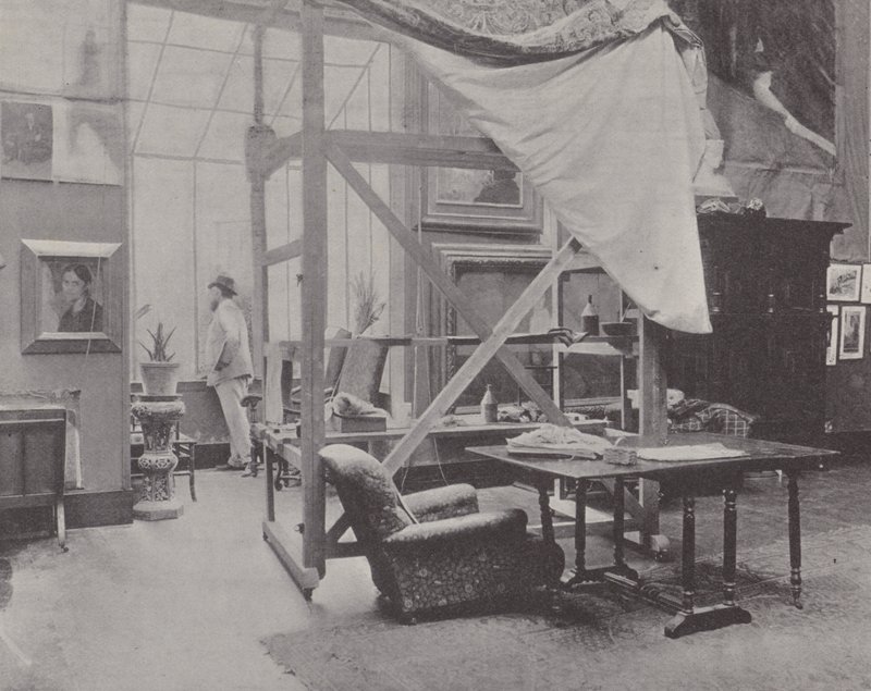 Franse schilder Paul-Albert Besnard in zijn atelier (zwart-wit foto) door (after) French Photographer