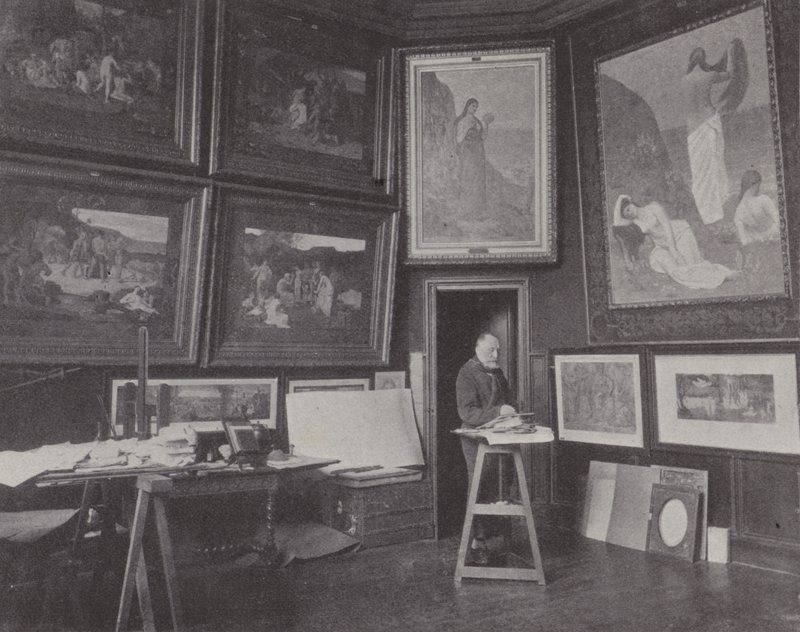 Franse schilder Pierre Puvis de Chavannes in zijn atelier door (after) French Photographer