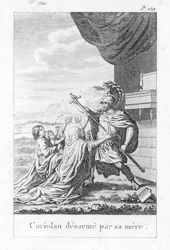 Coriolanus ontwapend door zijn moeder door (after) French School