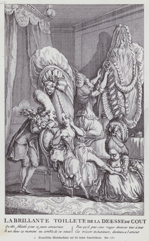 Franse cartoon die de kapsels van vrouwen uit die tijd bespot door (after) French School