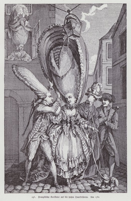 Franse cartoon die de kapsels van vrouwen uit die tijd bespot door (after) French School