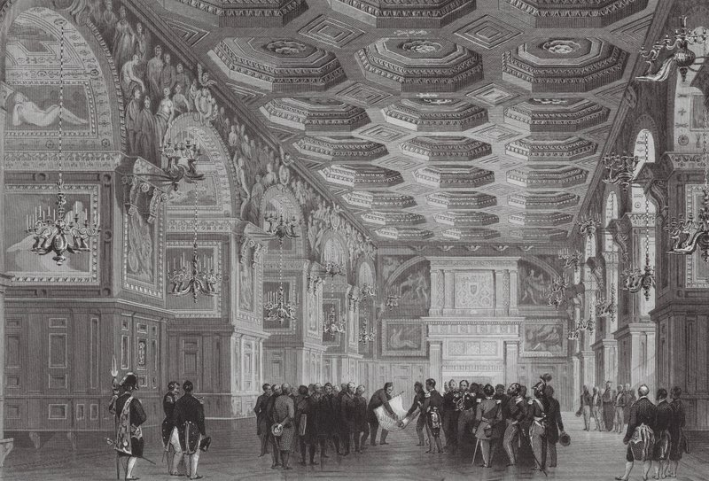 Het paleis van Fontainebleau (gravure) door (after) French School