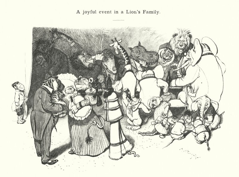 Een vreugdevolle gebeurtenis in een leeuwenfamilie (gravure) door (after) German School