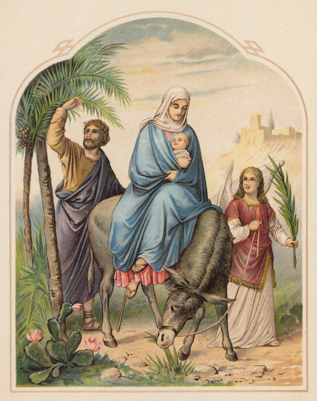 De Vlucht naar Egypte (kleur litho) door (after) German School