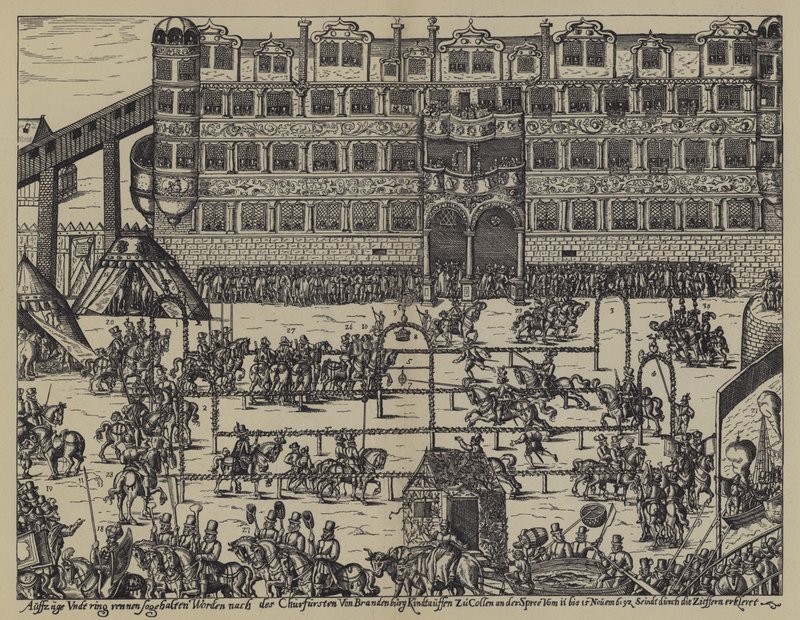 Toernooi ter viering van de doop van Sigismund, zoon van Johan George, keurvorst van Brandenburg, op Kasteel Colln door (after) German School