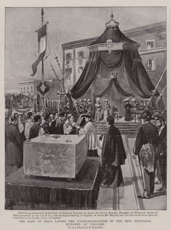 De koning van Italië legt de eerste steen van het nieuwe gemeentelijke gebouw in Cagliari door (after) Italian School