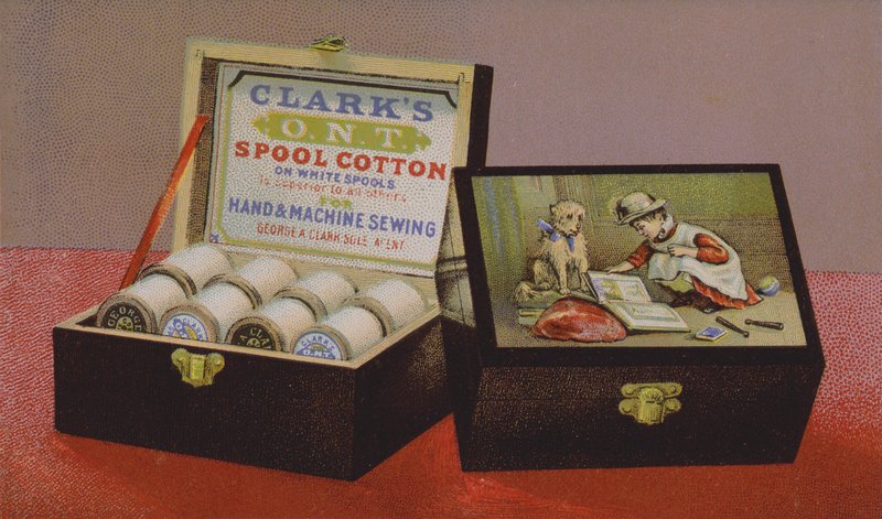 Amerikaanse handelskaart die Clarks spoel katoen adverteert door American School