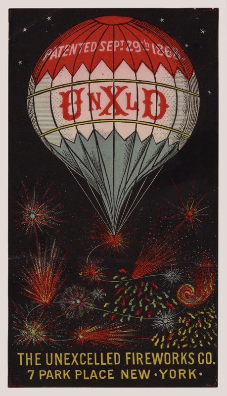 Amerikaanse handelskaart die de Unexcelled Firework Company, New York adverteert door American School