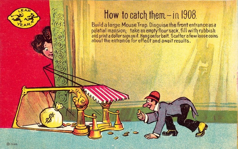 Ansichtkaart die laat zien hoe je ze vangt, in een schrikkeljaar, 1908 door American School