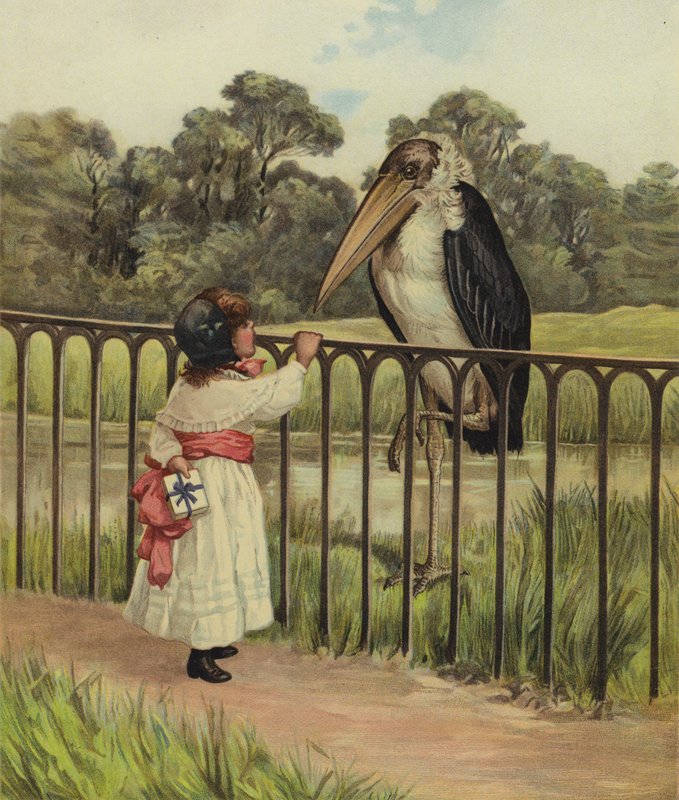 Een jong meisje dat een adjutantvogel naar zijn naam vraagt door English School