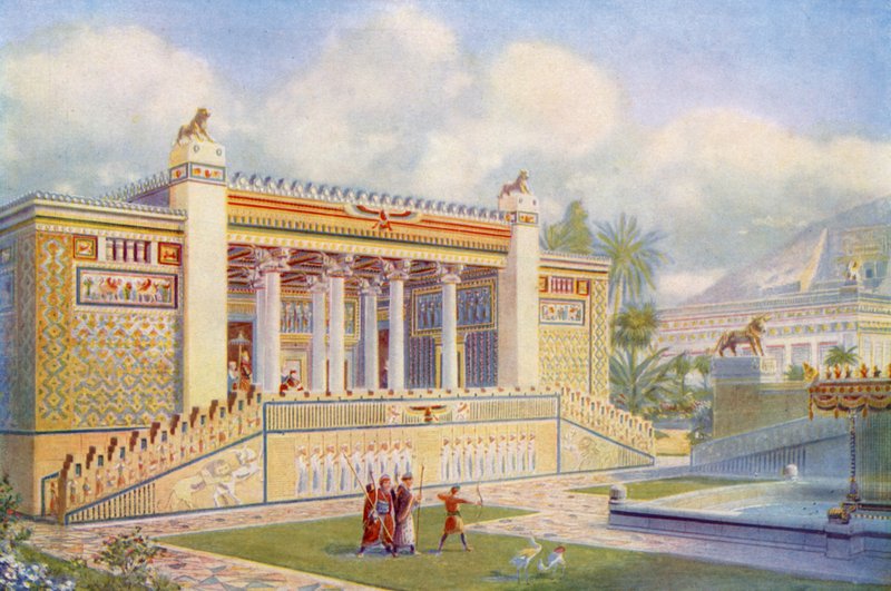 Gevel van het paleis van Darius in Persepolis, helder van kleur, beweging en leven door English School