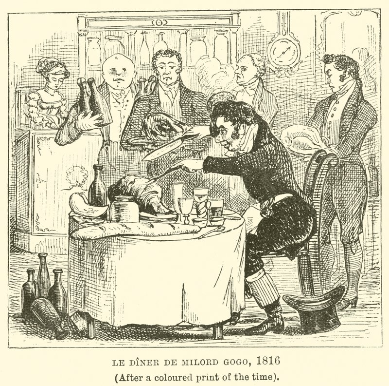 Het Diner van Milord Gogo, 1816, (Naar een gekleurde prent uit die tijd) door English School