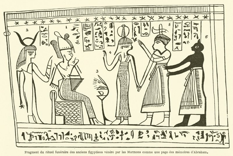 Fragment van het begrafenisritueel van de oude Egyptenaren vereerd door de Mormonen als een pagina uit de memoires van Abraham door French School