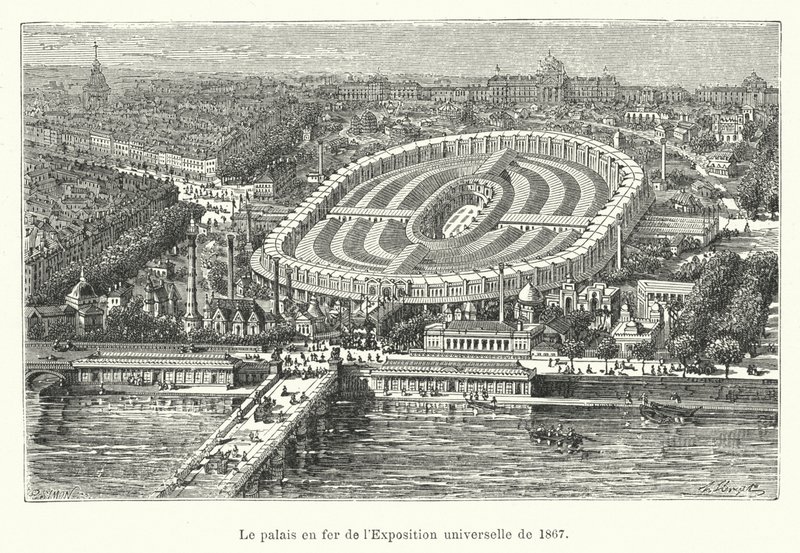 Het ijzeren paleis van de Wereldtentoonstelling van 1867 door French School