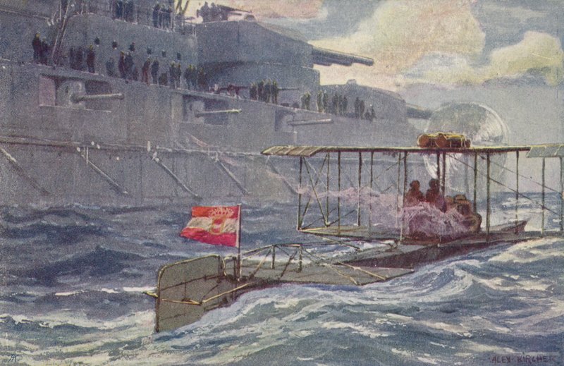 Oostenrijks-Hongaarse watervliegtuig passeert een slagschip, Eerste Wereldoorlog, 1914-1918 door A. Kircher