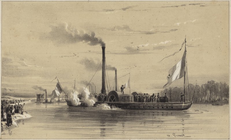Mensen aan de kust zwaaien een stoomschip uit door A Provost