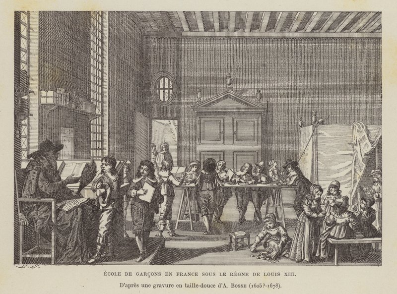Franse jongensschool tijdens het bewind van Lodewijk XIII (litho) door Abraham (after) Bosse